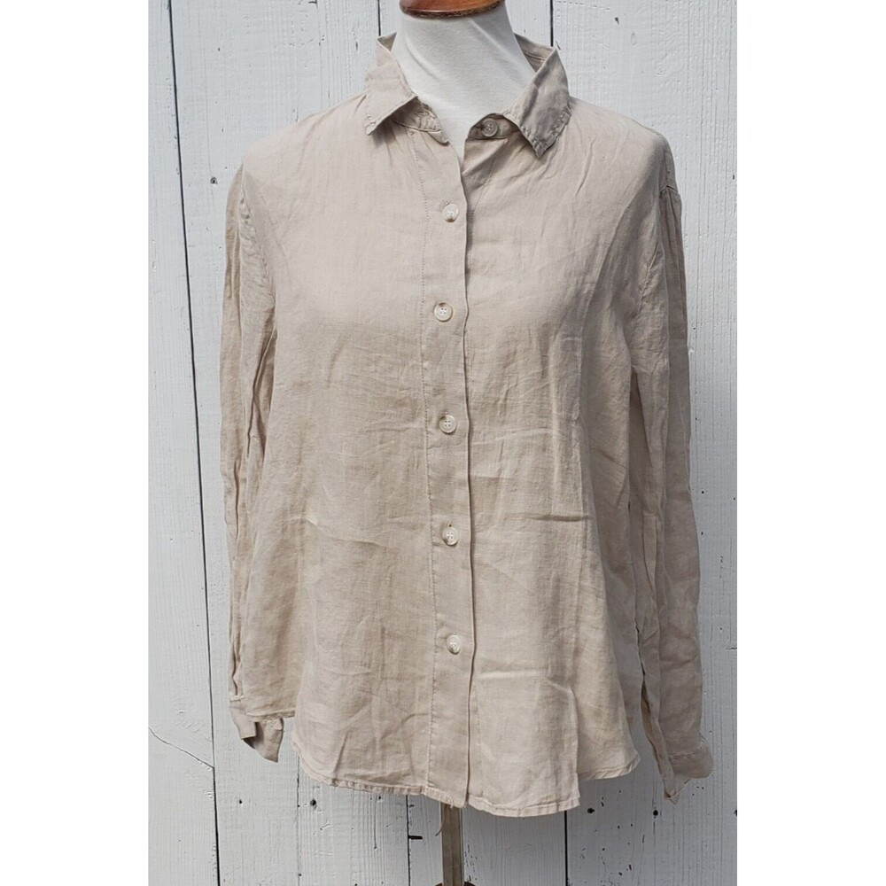 XCVI Women Beige Collared Long Sleeve 100% LINEN Button Up Shirt Blouse Sz M